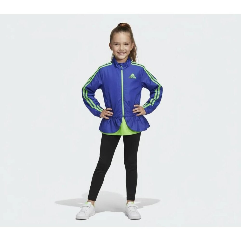 Adidas Girls Blue/Green Petal Ruffle Hem Zip Windbreaker Track Jacket Size 6